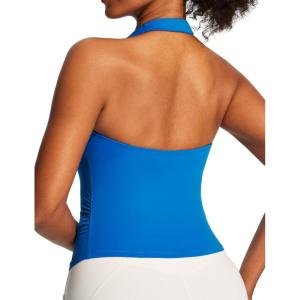 Ewedoos Halter Tops for Women Workout Tank Tops Woman with Built in Bras Double Lined Backless Y2K Trendy Going Out Top(Sparkle Blue)