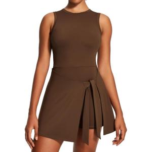 Ewedoos Tennis Dress Athletic Dress for Women Golf Workout Dresses with Shorts Underneath and Bra Side Slit U-Shaped(Brown)
