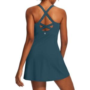 Ewedoos Womens Tennis Dress Built in Bras & Shorts Square Neck Sleeveless Workout Athletic Dress Golf Summer Outfits(Indigo)