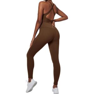 Ewedoos Workout Jumpsuits for Women Tummy Control Adjustable Straps One Piece Workout Bodysuit Yoga Pilates Outfits(Brown)