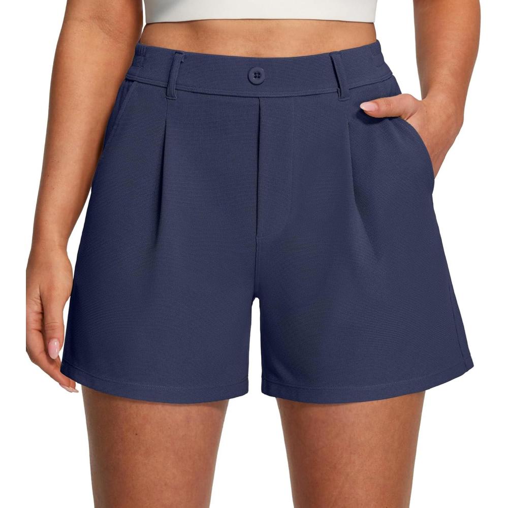 image:imageEwedoos Womens Shorts Dressy Casual Elastic High Waisted Summer Wide Leg Business Lounge Trouser Dress Shorts with PocketsNavy