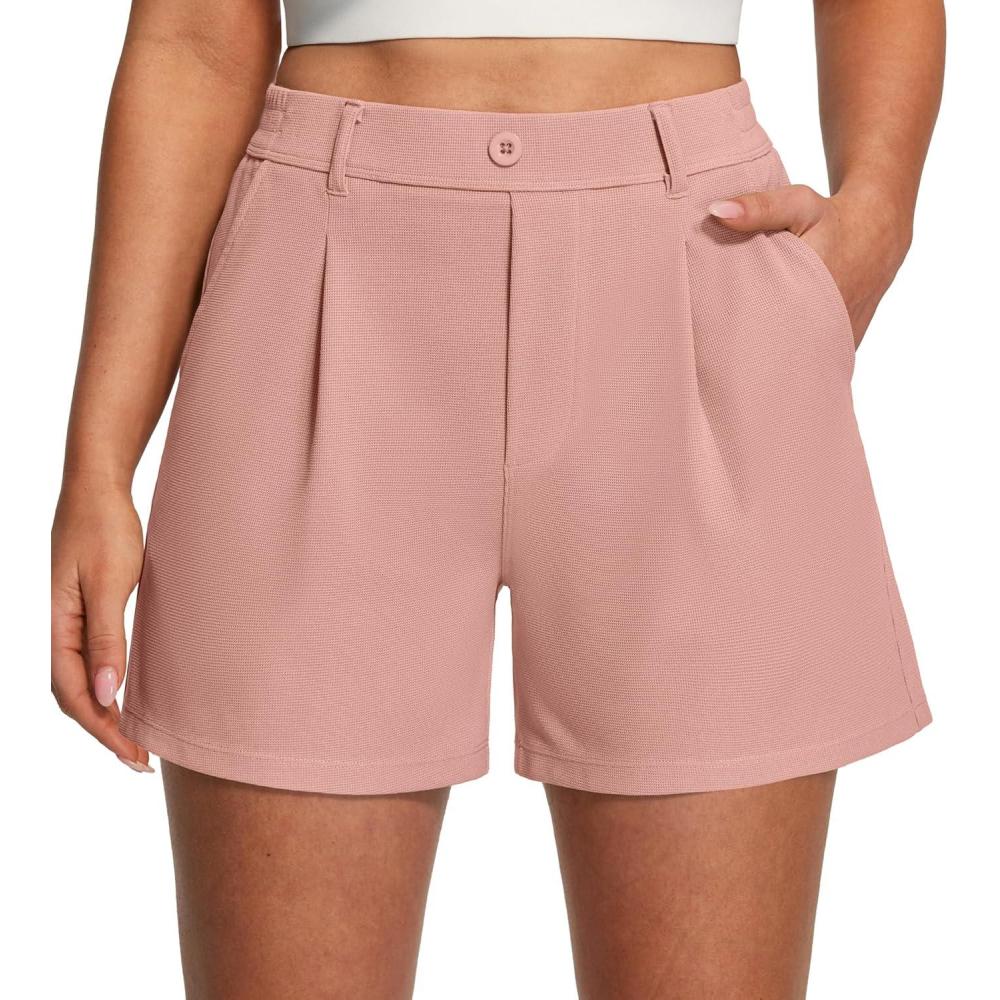 image:imageEwedoos Womens Shorts Dressy Casual Elastic High Waisted Summer Wide Leg Business Lounge Trouser Dress Shorts with PocketsPink