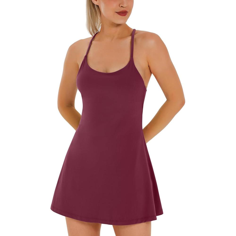 image:imageWomens Tennis Dress Athletic Dress with Builtin Bra amp Shorts Pockets Summer Dresses for Women Golf Outfits for WorkoutBurgundy