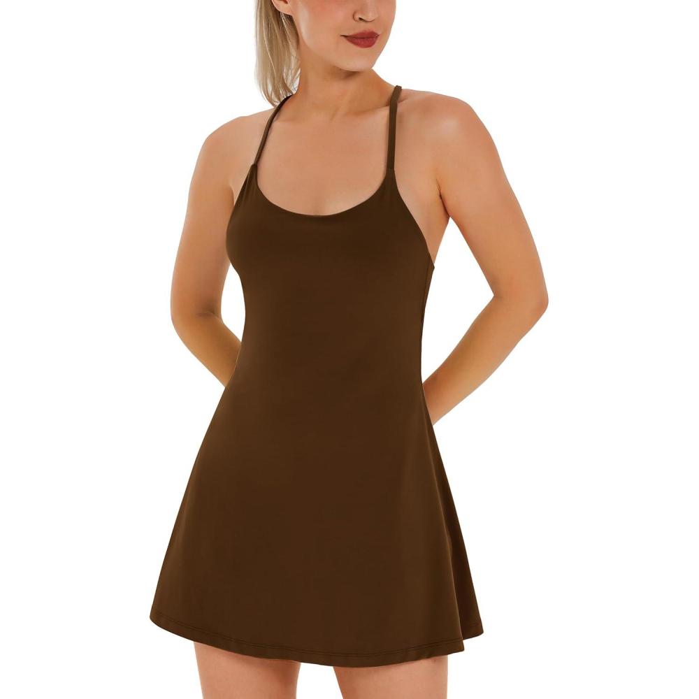 image:imageWomens Tennis Dress Athletic Dress with Builtin Bra amp Shorts Pockets Summer Dresses for Women Golf Outfits for WorkoutDark Brown