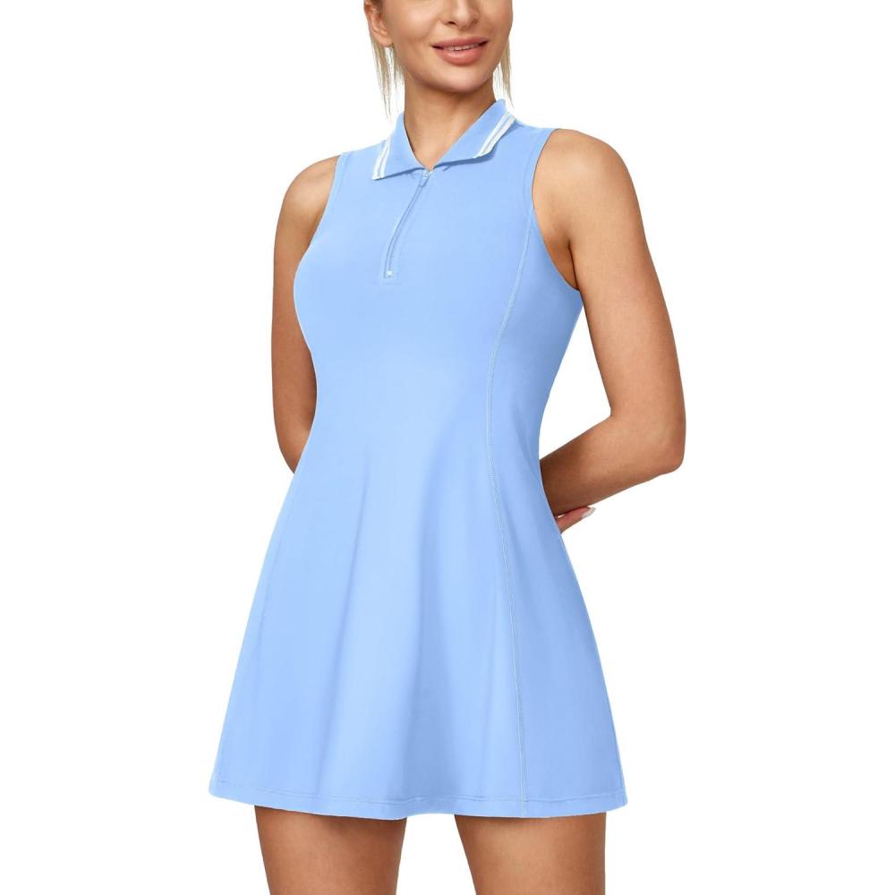 image:imageEwedoos Golf Dresses for Women Athletic Dress with Shorts Underneath and Bra 3 Pockets Tennis Dresses for Workout Active Light Blue