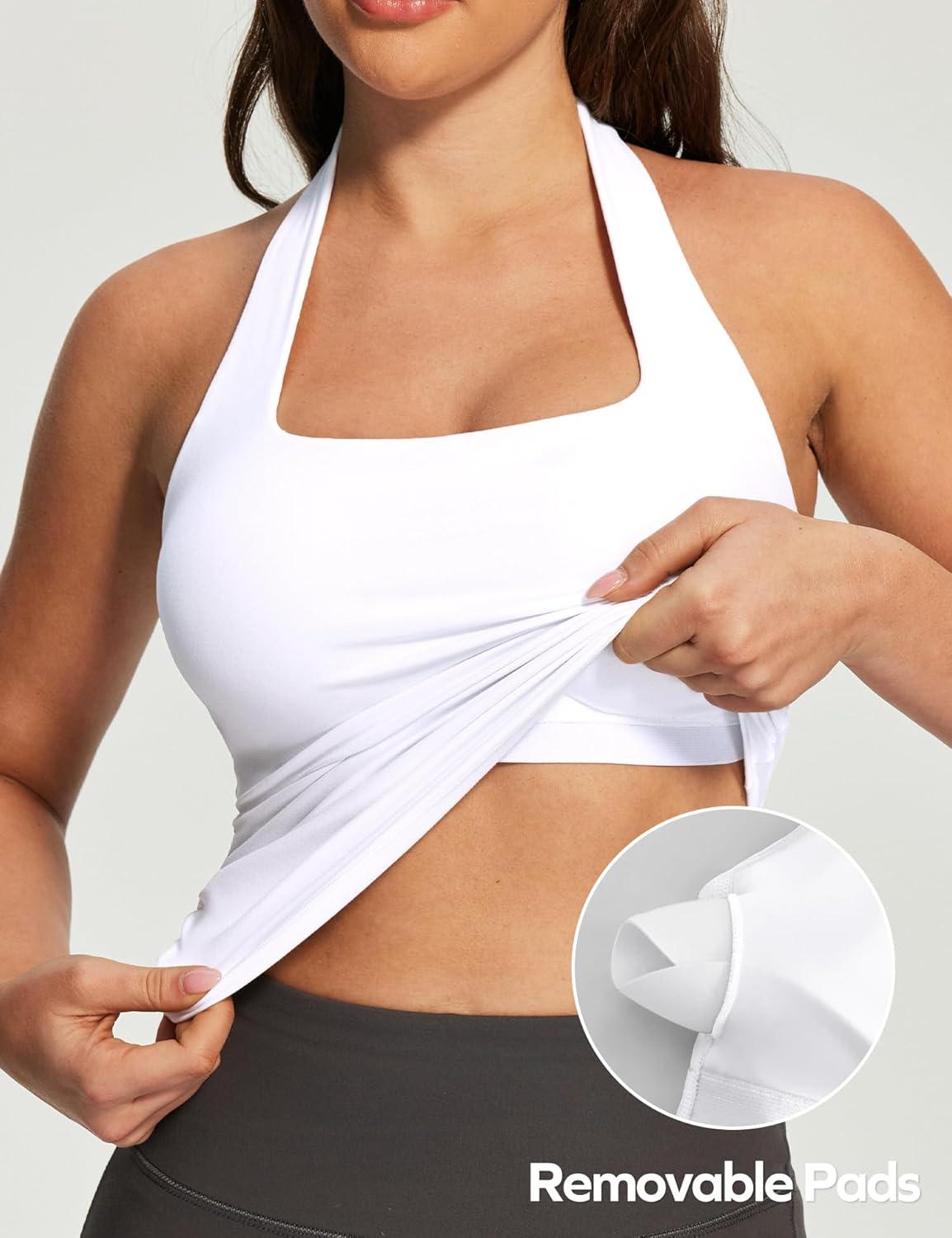 image:imageEwedoos Halter Tops for Women Workout Tank Tops Woman with Builtin Bras Y2K Backless Pilates Athletic Going Out TankWhite