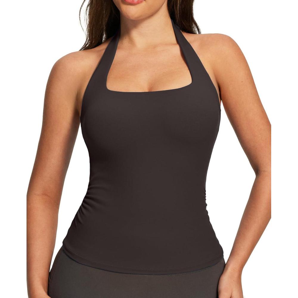 image:imageEwedoos Halter Tops for Women Workout Tank Tops Woman with Builtin Bras Y2K Backless Pilates Athletic Going Out TankHot Fudge Brown