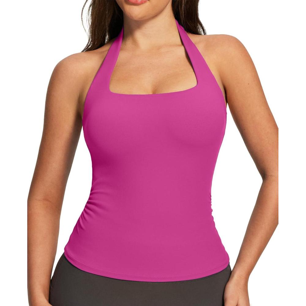 image:imageEwedoos Halter Tops for Women Workout Tank Tops Woman with Builtin Bras Y2K Backless Pilates Athletic Going Out TankHot Pink