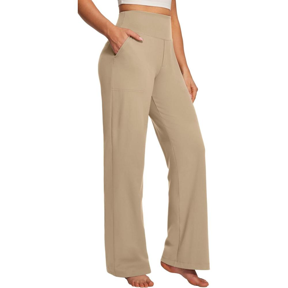 image:imageEwedoos Wide Leg Yoga Pants for Women Tummy Control Stretchy Work Dress Pants Business Casual Trousers with PocketsKhaki
