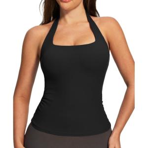 Ewedoos Halter Tops for Women Workout Tank Tops Woman with Built-in Bras Y2K Backless Pilates Athletic Going Out Tank(Black)