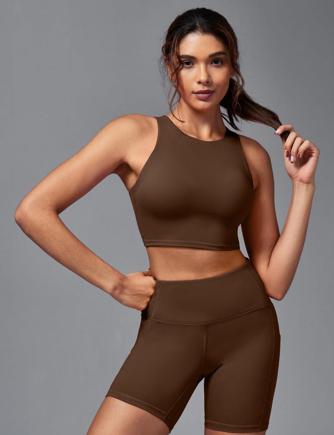 image:imageEwedoos Tank Tops with Built in Bras Longline Sports Bras for Women High Neck Racerback Sports Bra Padded Workout CropBrown