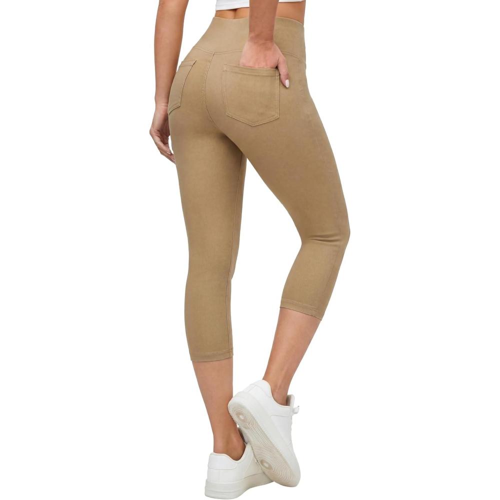 image:imageEwedoos Jeggings for Women Pull On Capri Leggings with Pockets for Women Stretchy Capri Jeans Denim Capris Pants CasualKhaki