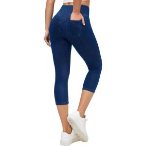 Ewedoos Jeggings for Women Pull On Capri Leggings with Pockets for Women Stretchy Capri Jeans Denim Capris Pants Casual(Dark Blue)