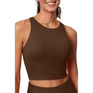 Ewedoos Tank Tops with Built in Bras Longline Sports Bras for Women High Neck Racerback Sports Bra Padded Workout Crop(Brown)