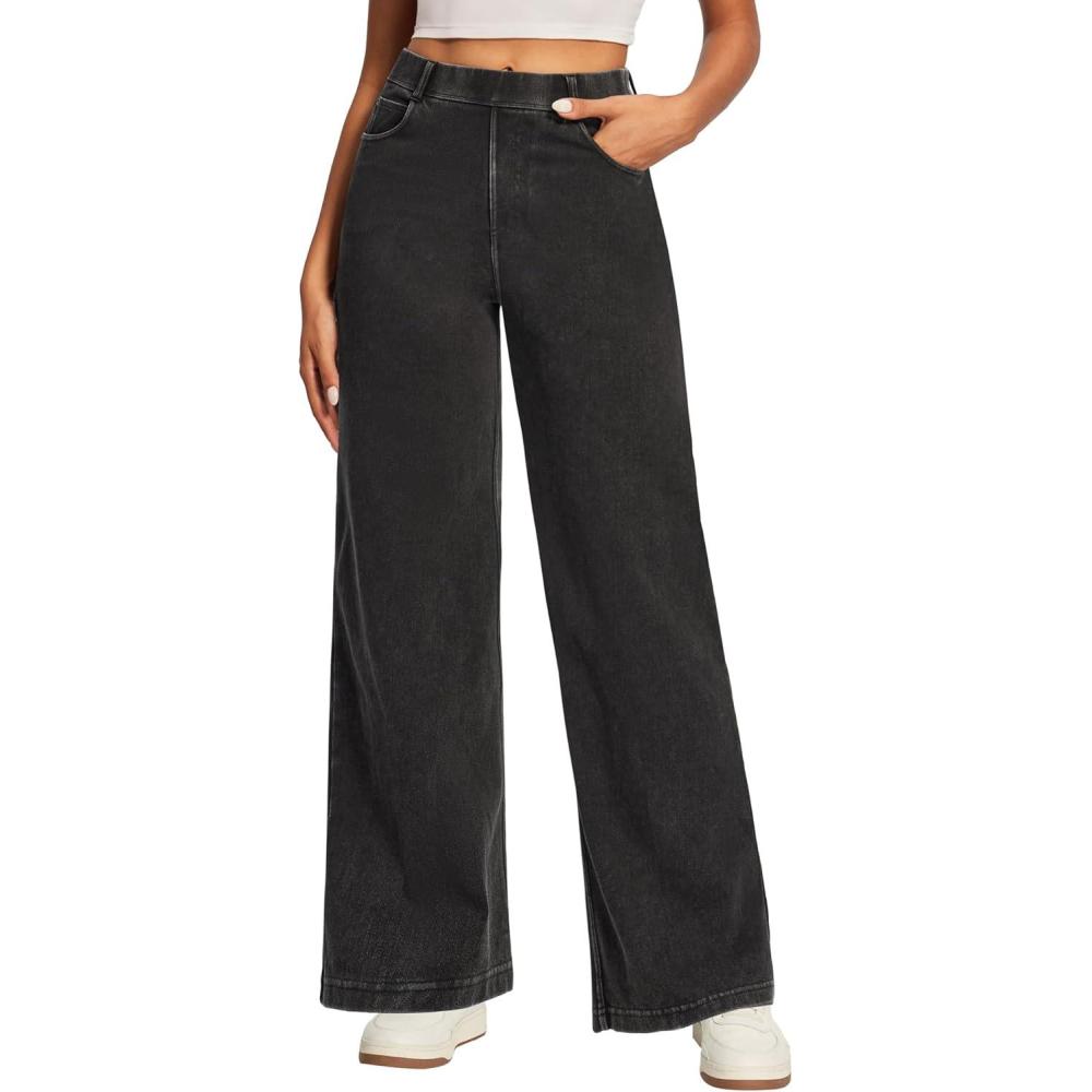 image:imageEwedoos Wide Leg Jeans for Women Stretchy Sweatpant Jeans Women Pull On High Waisted Straight Womens Jeans Baggy Denim PantsGrey