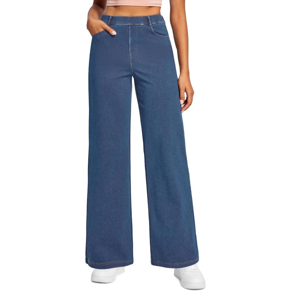 image:imageEwedoos Wide Leg Jeans for Women Stretchy Sweatpant Jeans Women Pull On High Waisted Straight Womens Jeans Baggy Denim PantsLight Blue