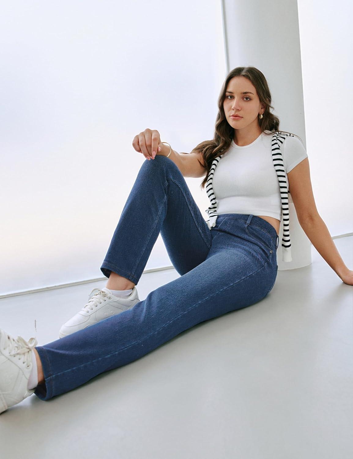 image:imageEwedoos Straight Leg Jeans for Women Stretchy Pull On Sweatpant Jeans Women High Waisted Jean Trendy Causal Denim PantsDark Blue