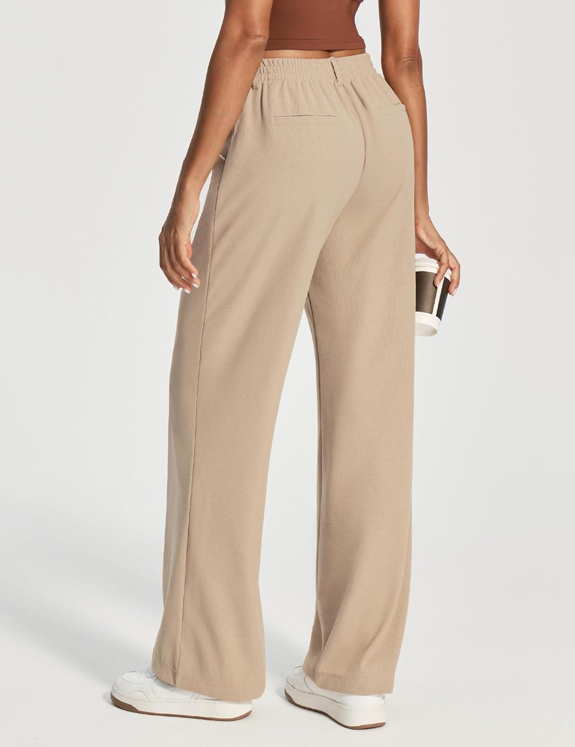 image:imageEwedoos Wide Leg Stretchy Work Pants Women Pull On Dress Pants High Waisted Slacks for Women Business Casual Outfits TrouserKhaki