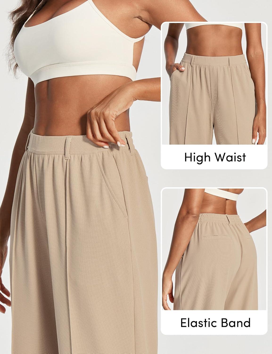 image:imageEwedoos Wide Leg Stretchy Work Pants Women Pull On Dress Pants High Waisted Slacks for Women Business Casual Outfits TrouserKhaki