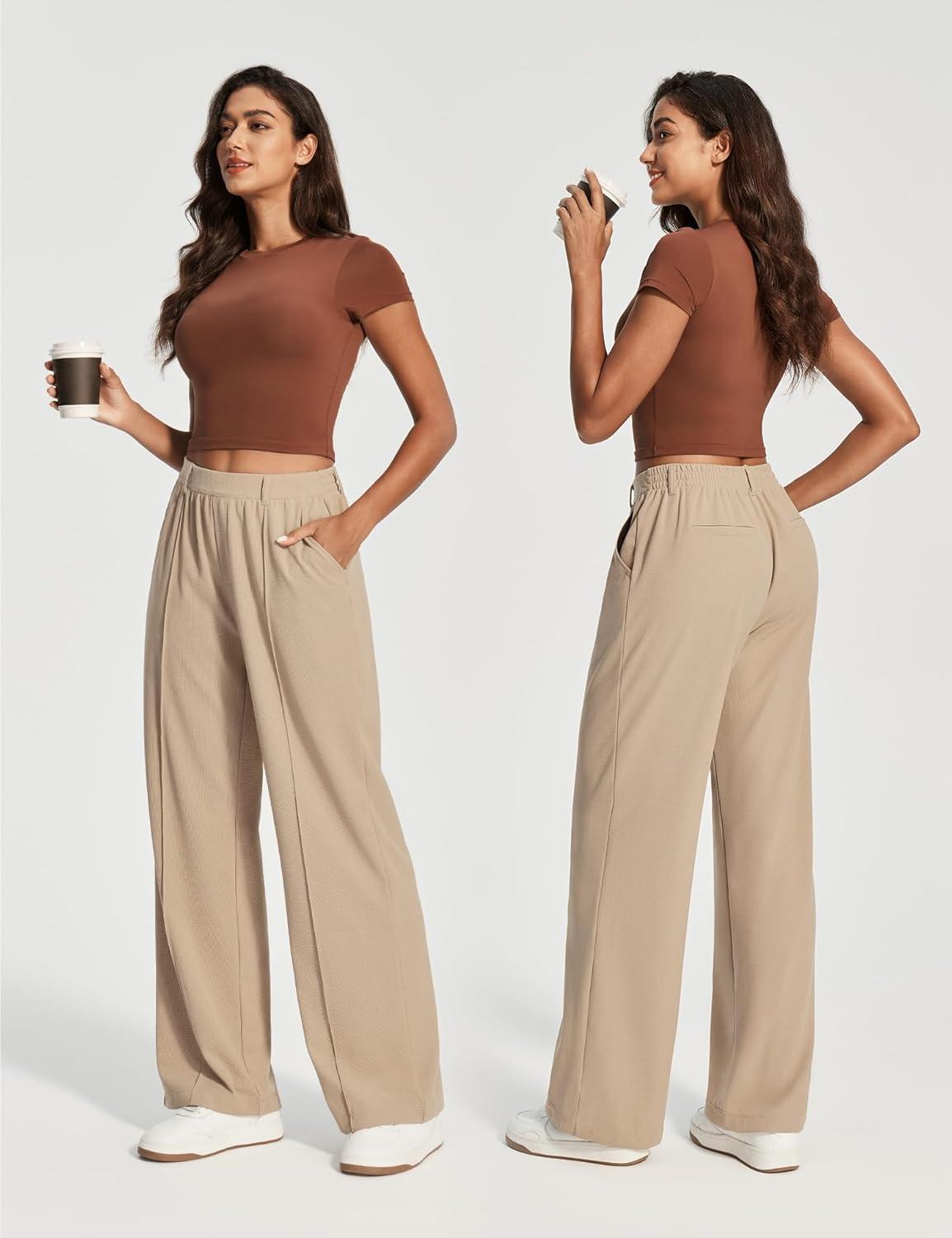 image:imageEwedoos Wide Leg Stretchy Work Pants Women Pull On Dress Pants High Waisted Slacks for Women Business Casual Outfits TrouserKhaki