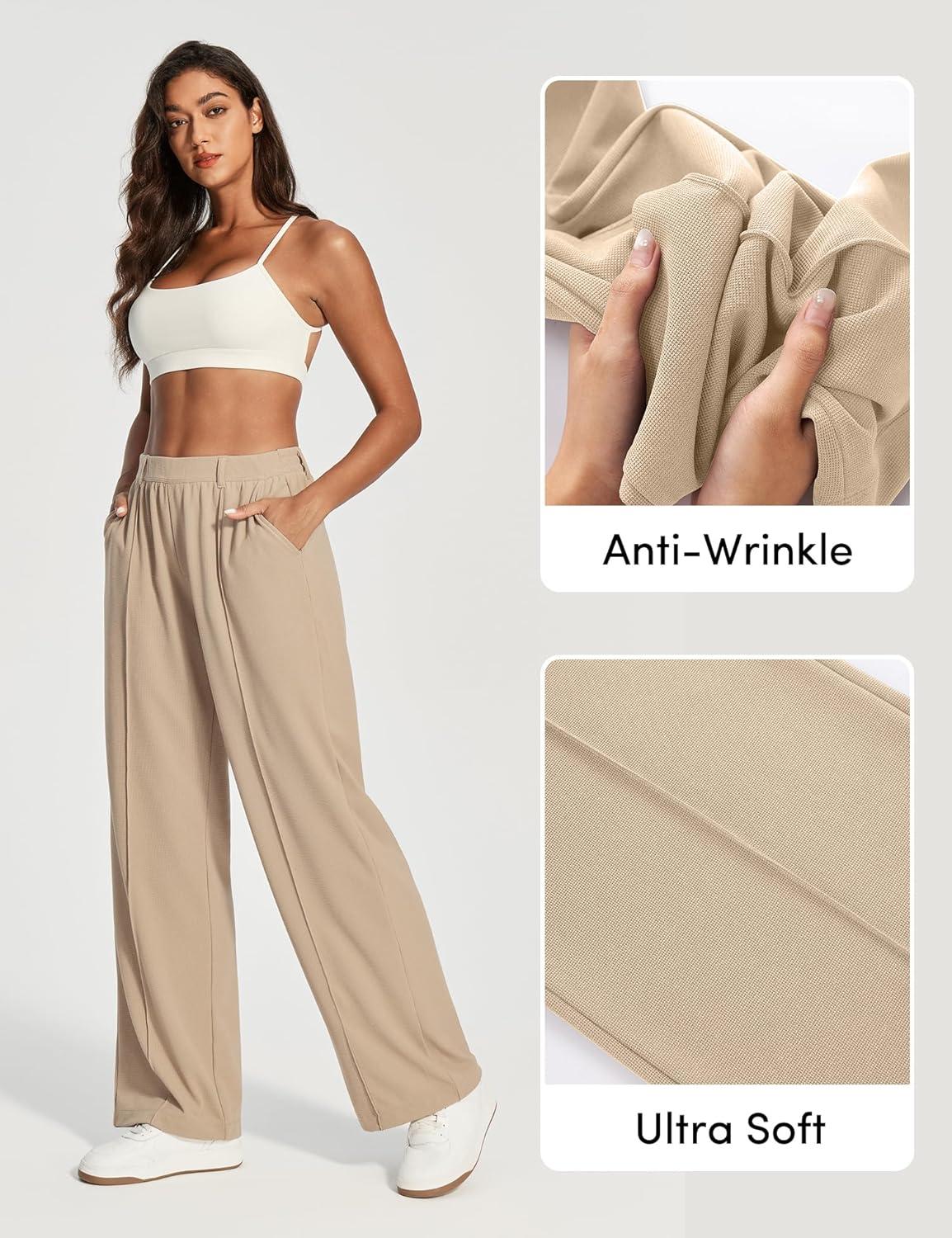 image:imageEwedoos Wide Leg Stretchy Work Pants Women Pull On Dress Pants High Waisted Slacks for Women Business Casual Outfits TrouserKhaki