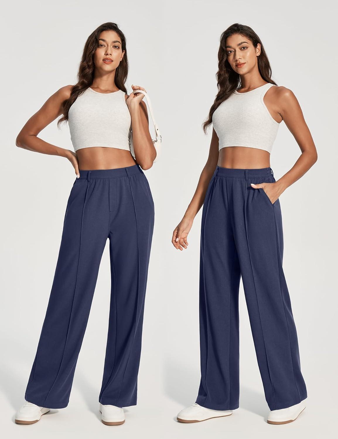 image:imageEwedoos Wide Leg Stretchy Work Pants Women Pull On Dress Pants High Waisted Slacks for Women Business Casual Outfits TrouserNavy