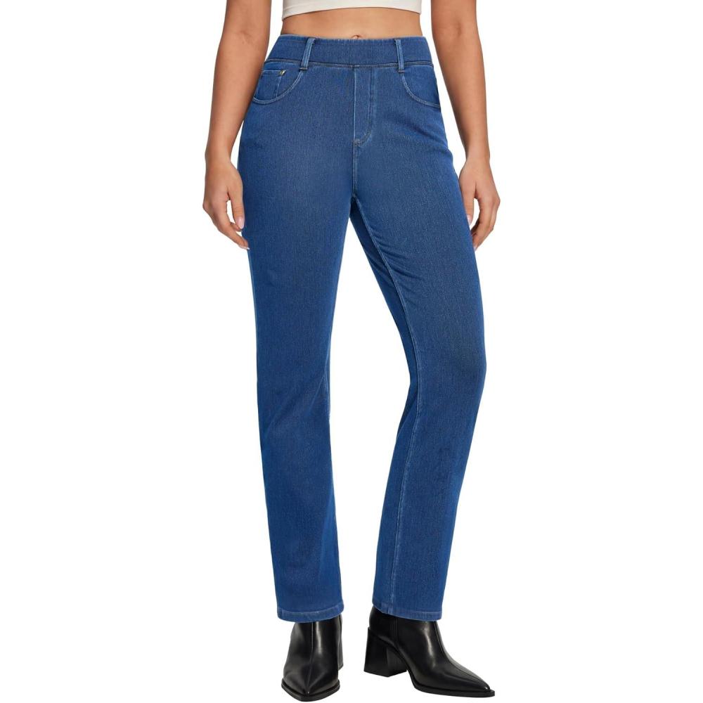 image:imageEwedoos Straight Leg Jeans for Women Stretchy Pull On Sweatpant Jeans Women High Waisted Jean Trendy Causal Denim PantsLight Blue