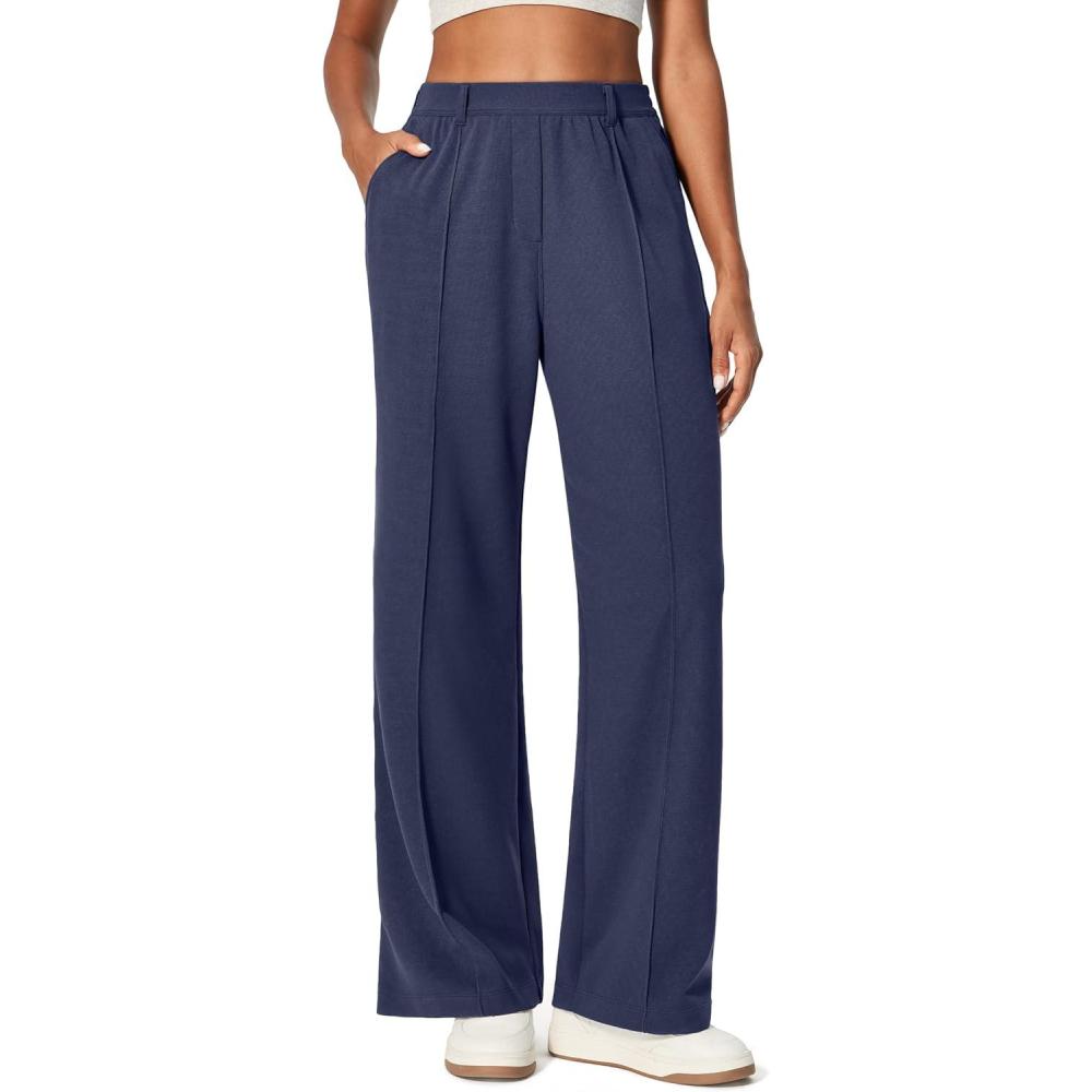 image:imageEwedoos Wide Leg Stretchy Work Pants Women Pull On Dress Pants High Waisted Slacks for Women Business Casual Outfits TrouserNavy