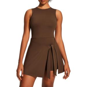 Ewedoos Athletic Tennis Dress for Women with Built-in Bra & Shorts Side Slit U-Shaped Active Workout Golf Summer Dress(Brown)