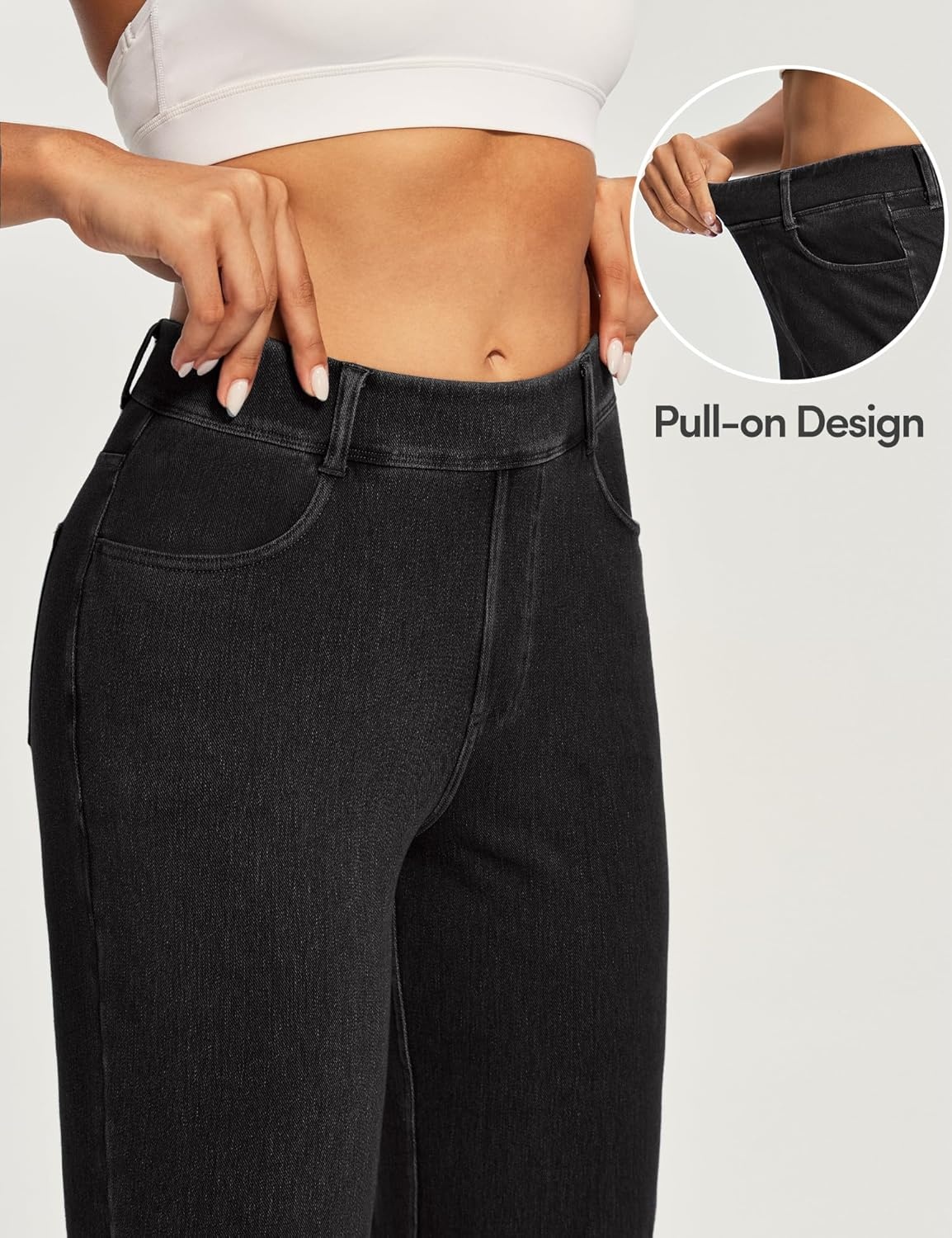 image:imageEwedoos Wide Leg Cropped Jeans for Women Stretchy High Waisted Sweatpant Pull On Jeans Ankle Trendy Causal Denim Pants ShortBlack