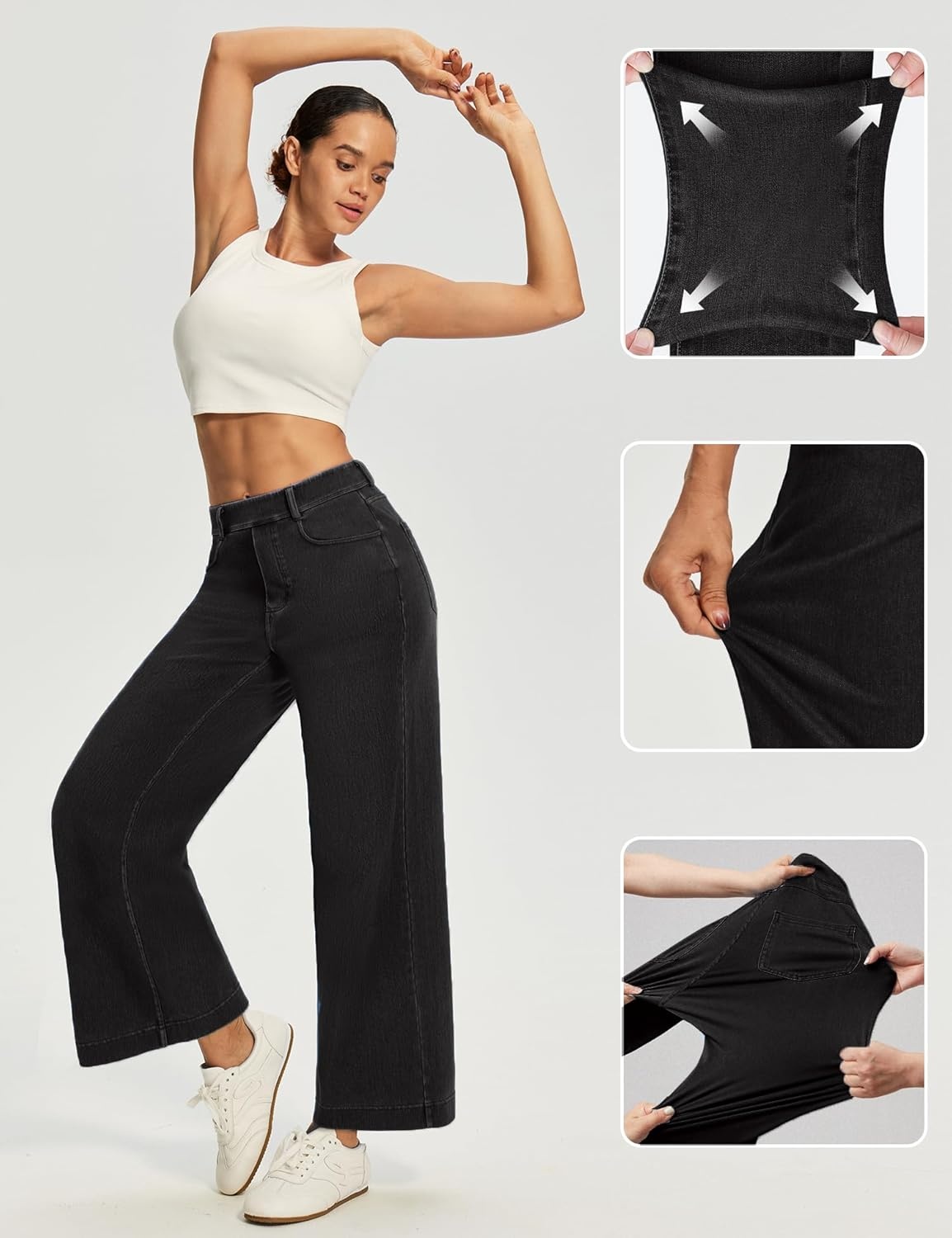 image:imageEwedoos Wide Leg Cropped Jeans for Women Stretchy High Waisted Sweatpant Pull On Jeans Ankle Trendy Causal Denim Pants ShortBlack