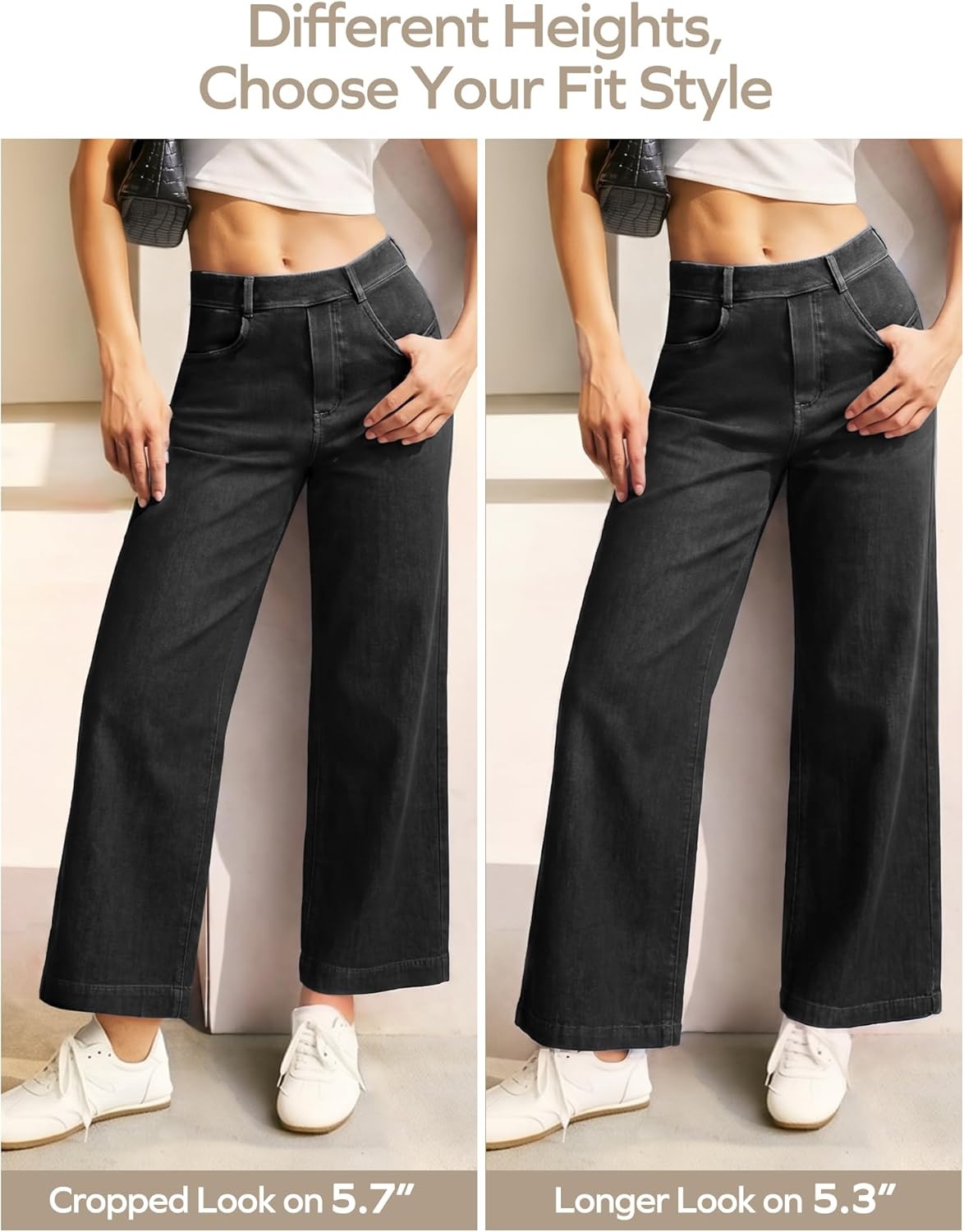 image:imageEwedoos Wide Leg Cropped Jeans for Women Stretchy High Waisted Sweatpant Pull On Jeans Ankle Trendy Causal Denim Pants ShortBlack