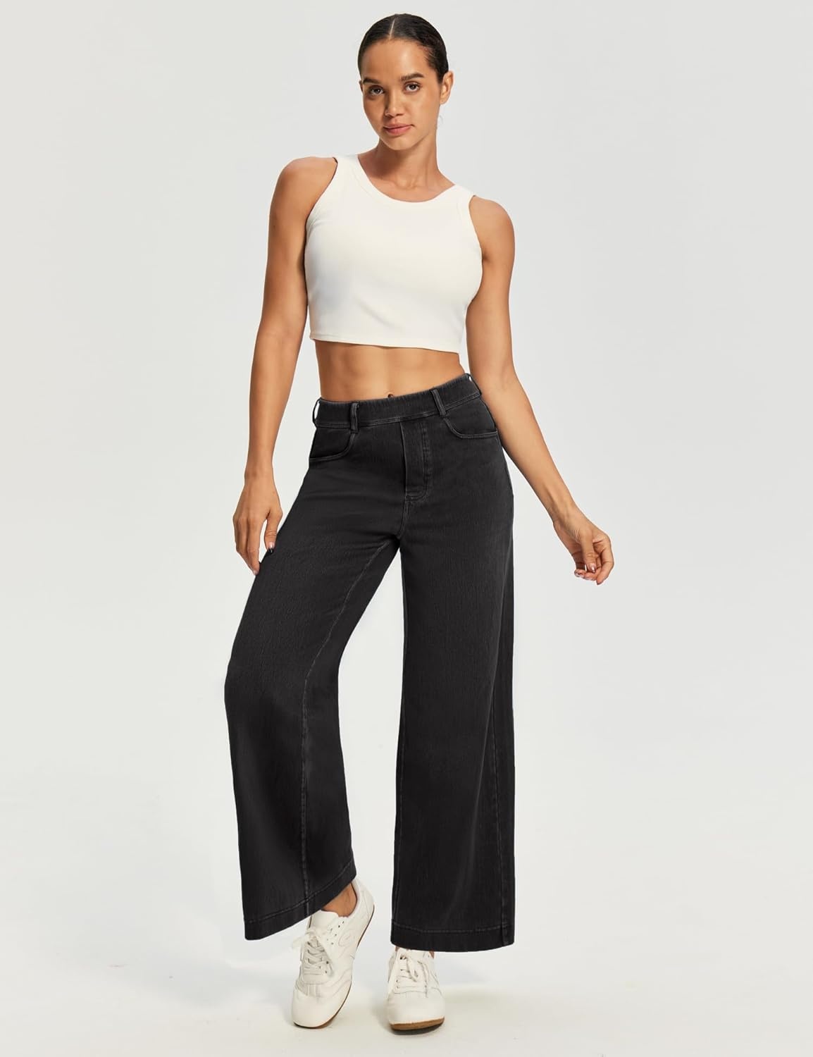 image:imageEwedoos Wide Leg Cropped Jeans for Women Stretchy High Waisted Sweatpant Pull On Jeans Ankle Trendy Causal Denim Pants ShortBlack