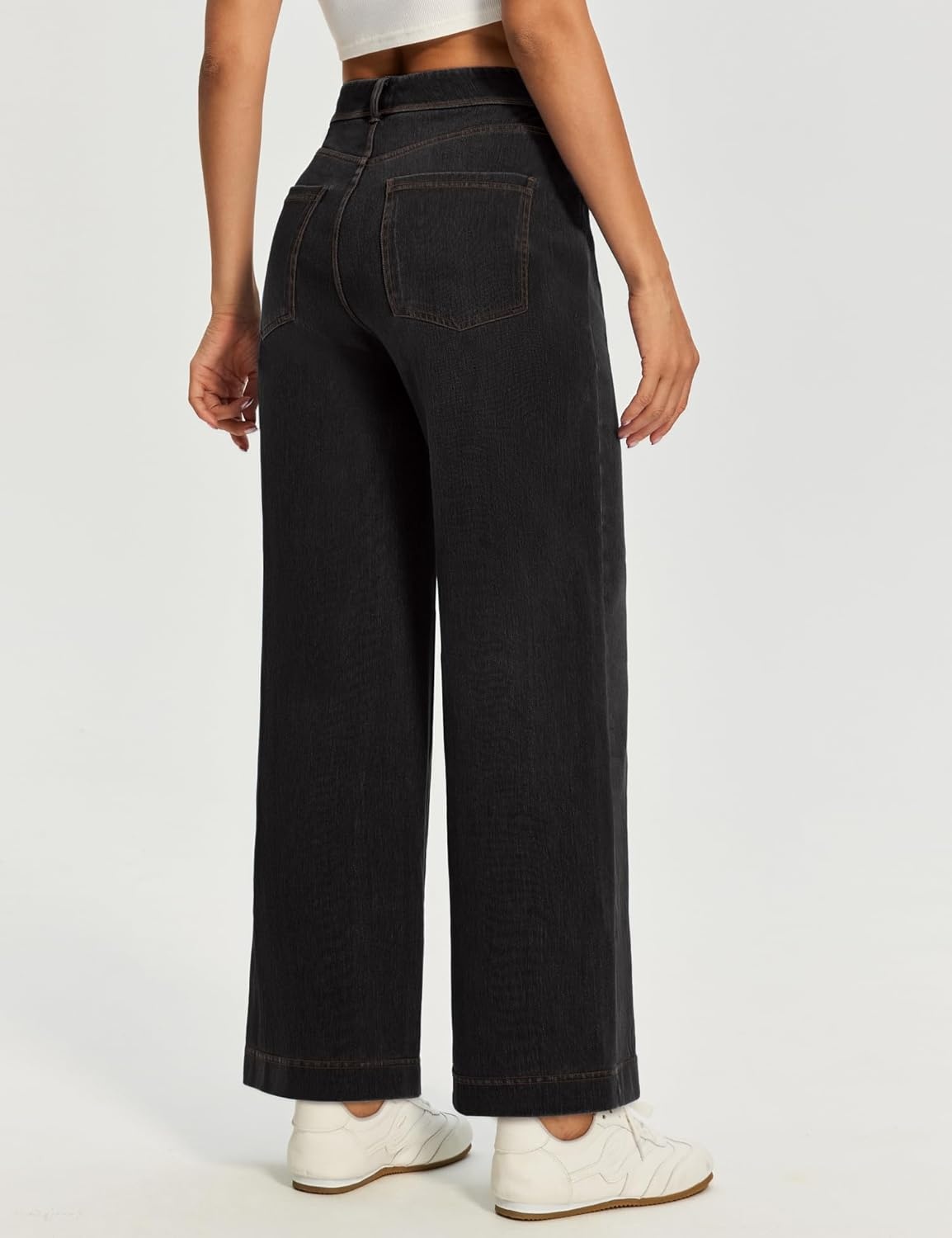 image:imageEwedoos Wide Leg Cropped Jeans for Women Stretchy High Waisted Sweatpant Pull On Jeans Ankle Trendy Causal Denim Pants ShortBlack