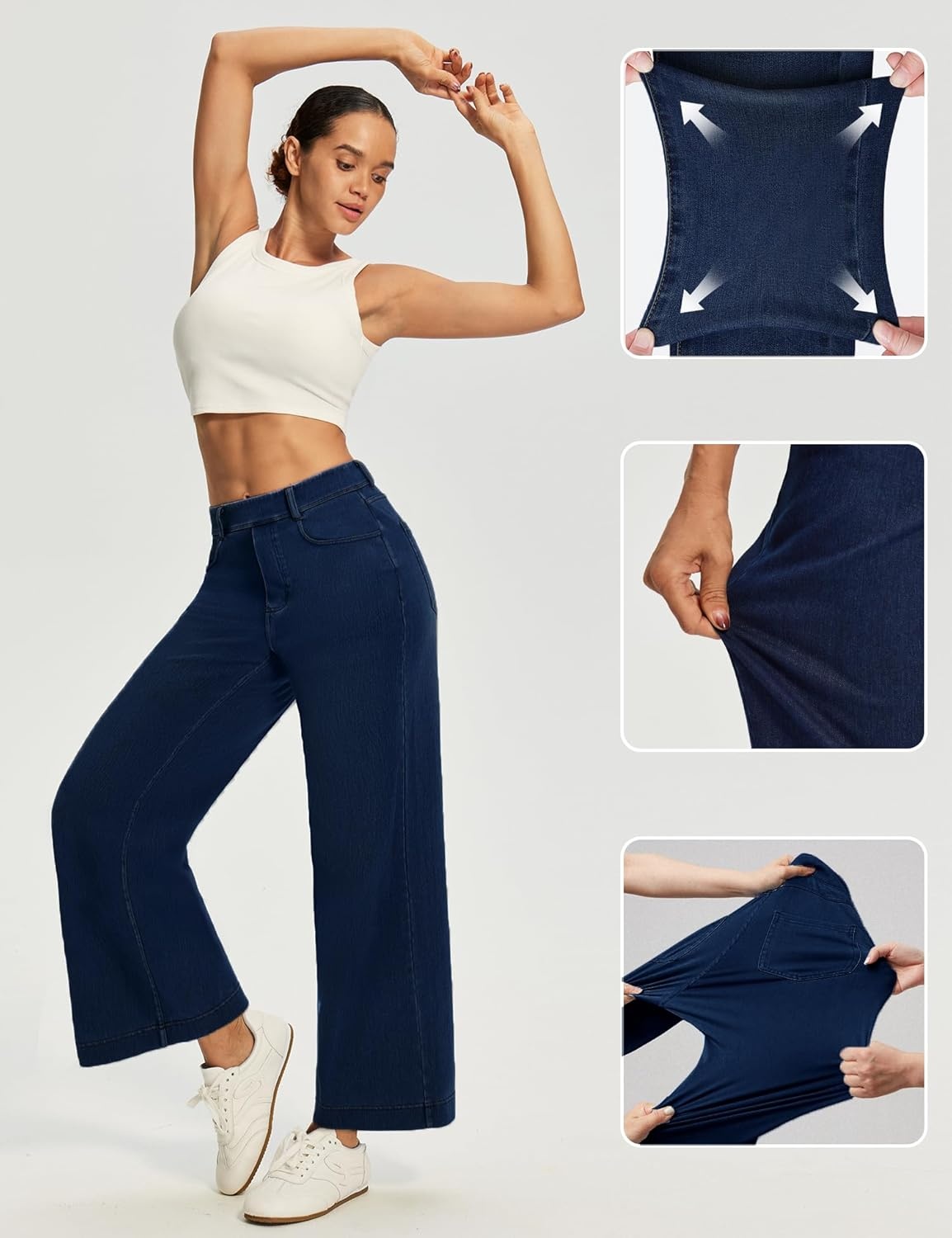image:imageEwedoos Wide Leg Cropped Jeans for Women Stretchy High Waisted Sweatpant Pull On Jeans Ankle Trendy Causal Denim Pants ShortDark Blue