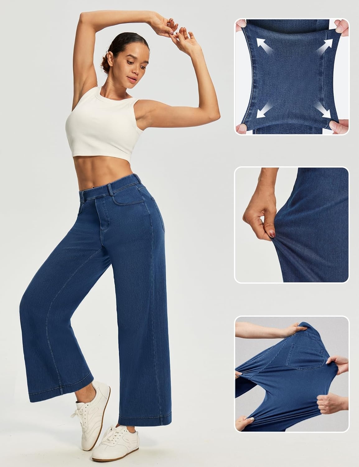 image:imageEwedoos Wide Leg Cropped Jeans for Women Stretchy High Waisted Sweatpant Pull On Jeans Ankle Trendy Causal Denim Pants ShortLight Blue
