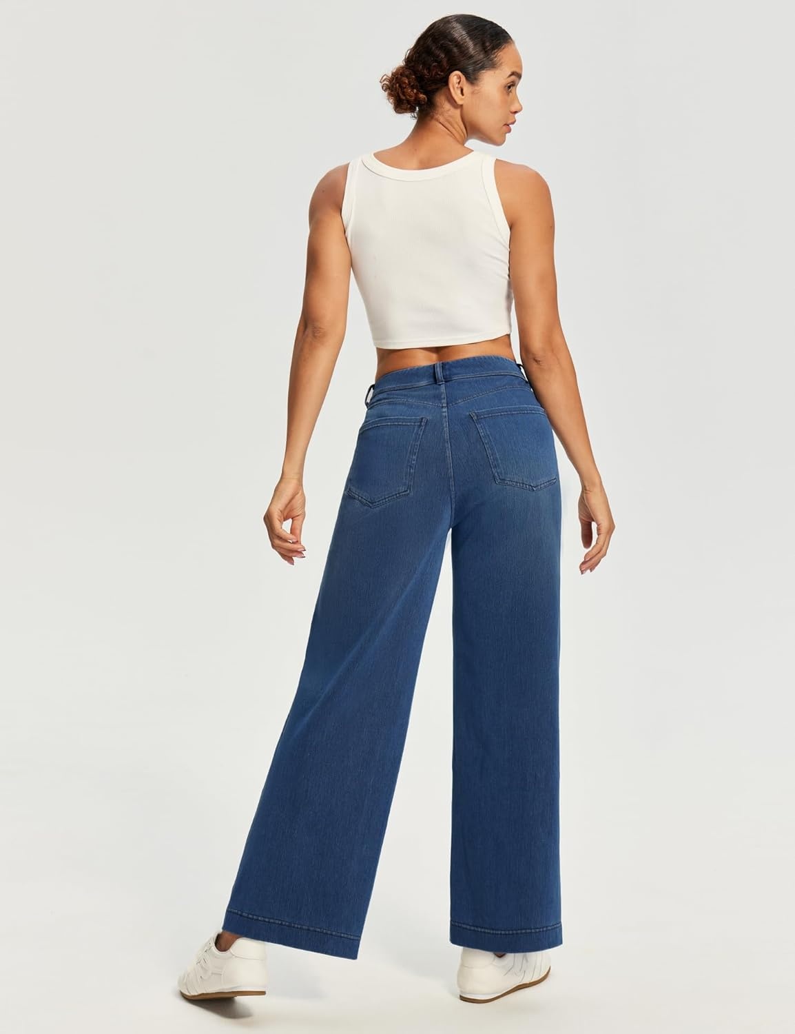 image:imageEwedoos Wide Leg Cropped Jeans for Women Stretchy High Waisted Sweatpant Pull On Jeans Ankle Trendy Causal Denim Pants ShortLight Blue