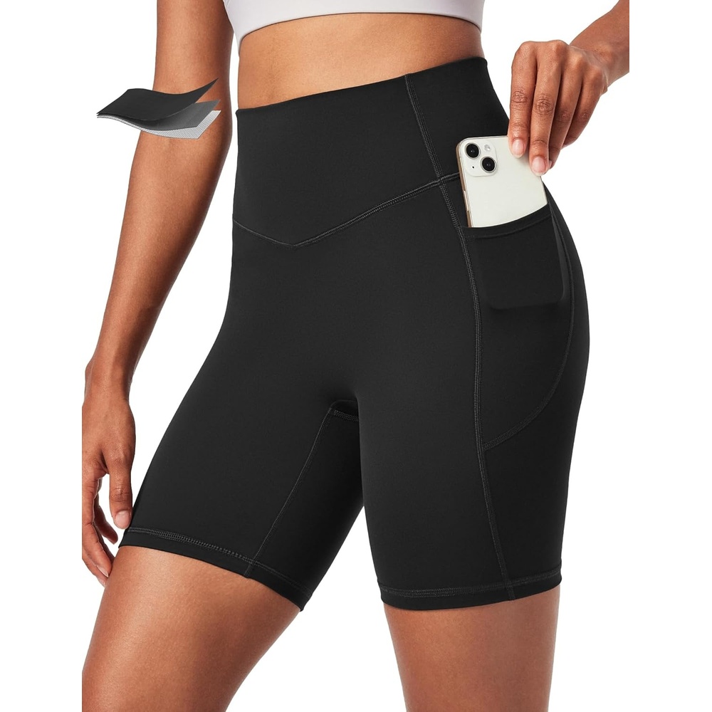image:imageEwedoos Biker Shorts Women Tummy Control Compression Shorts for Women 6 No Front Seam Yoga Gym Workout Running with PocketsBlack