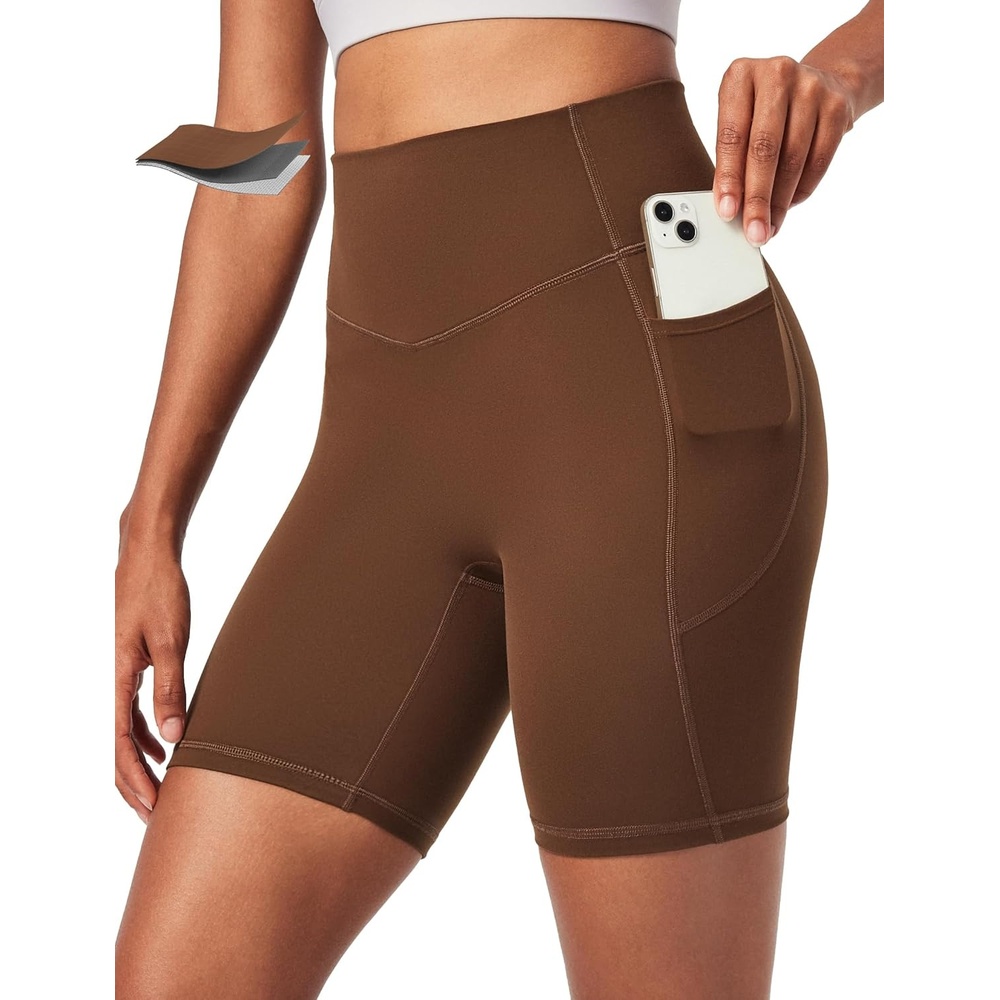 image:imageEwedoos Biker Shorts Women Tummy Control Compression Shorts for Women 6 No Front Seam Yoga Gym Workout Running with PocketsBrown