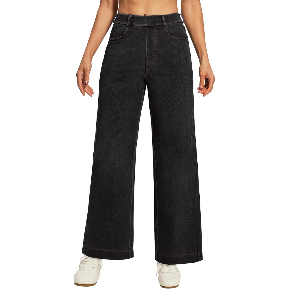 image:imageEwedoos Wide Leg Cropped Jeans for Women Stretchy High Waisted Sweatpant Pull On Jeans Ankle Trendy Causal Denim Pants ShortBlack