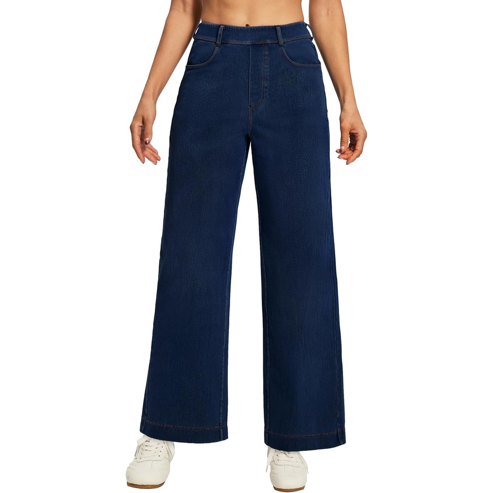 image:imageEwedoos Wide Leg Cropped Jeans for Women Stretchy High Waisted Sweatpant Pull On Jeans Ankle Trendy Causal Denim Pants ShortDark Blue