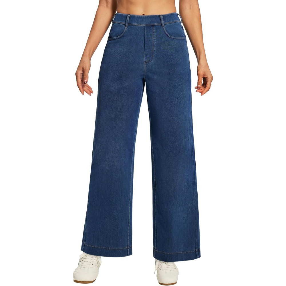 image:imageEwedoos Wide Leg Cropped Jeans for Women Stretchy High Waisted Sweatpant Pull On Jeans Ankle Trendy Causal Denim Pants ShortLight Blue