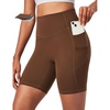 Ewedoos Biker Shorts Women Tummy Control Compression Shorts for Women 6″ No Front Seam Yoga Gym Workout Running with Pockets(Brown)