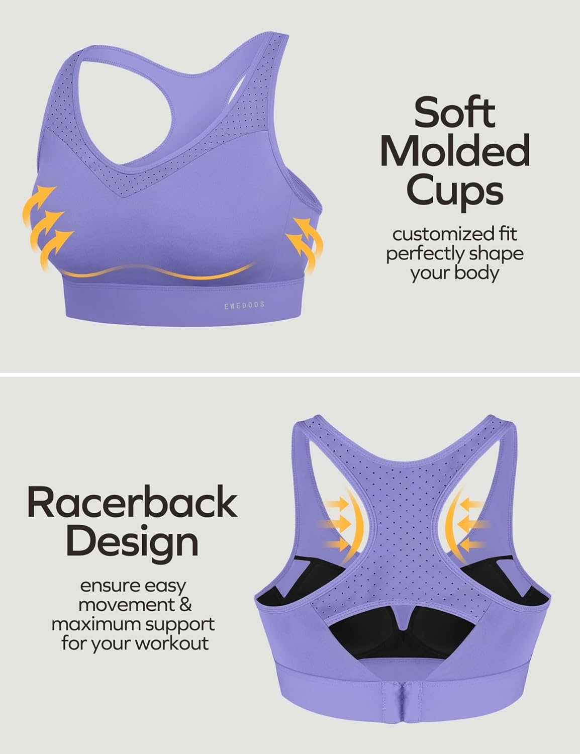 image:imageEwedoos Sports Bras for Women High Support High Impact Sports Bra for Large Bust Racerback Push Up Workout Running BraLavender