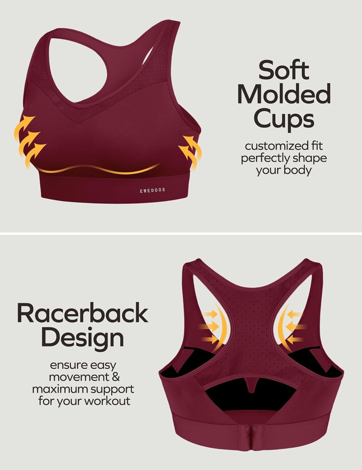 image:imageEwedoos Sports Bras for Women High Support High Impact Sports Bra for Large Bust Racerback Push Up Workout Running BraMaroon