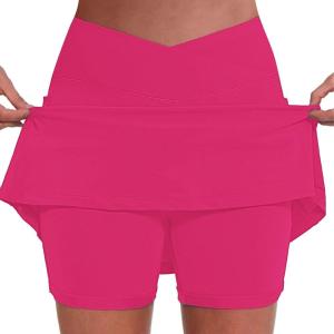 HUIFUAO Jupes de Tennis pour Femmes avec Poche Grande Taille pour Femmes, Jupe-Short pour l&rsquo;été, Le Golf, l&rsquo;athlétisme, Le Yoga, la Gym, la Course à Pied(Rose Vif)