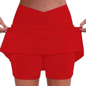 HUIFUAO Jupes de Tennis pour Femmes avec Poche Grande Taille pour Femmes, Jupe-Short pour l&rsquo;été, Le Golf, l&rsquo;athlétisme, Le Yoga, la Gym, la Course à Pied(Rouge)