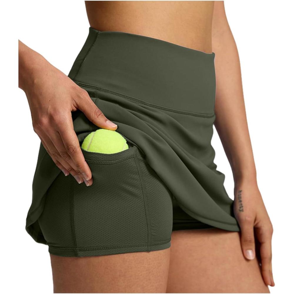 image2025  Jupe de tennis pour femme avec plis double couche pour femme  Jupe taille haute avec short poches entranement  Jupe sportive pour lt  Jupe de sport dcontracte  CostumeVert Arme