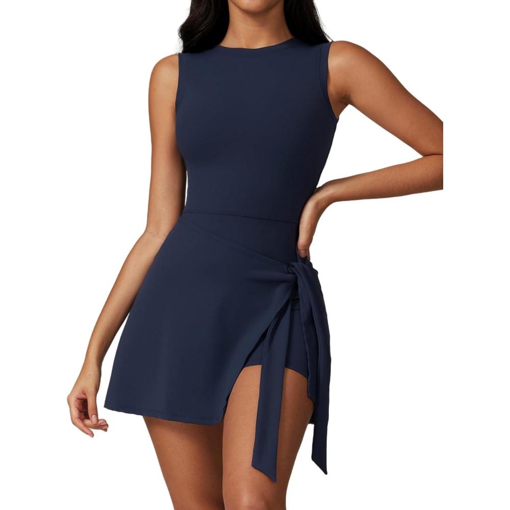 imageABOCIW Robe de tennis col montant pour femme Jupe portefeuille sans manches Short intgr Robe de golf athltique Barboteuse dentranement bleu marine Taille XL