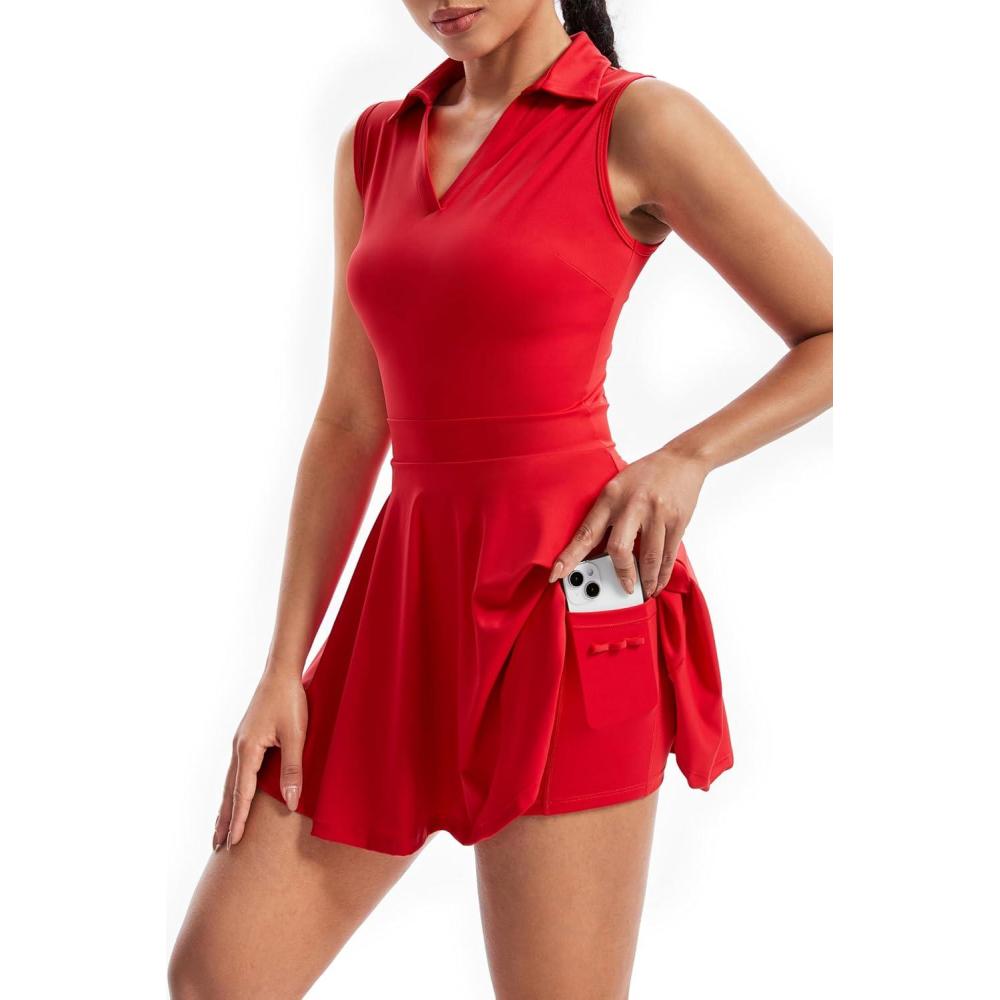 imageJolie robe de golf et de tennis pour femme avec poches courtes ensemble 2 pices vtements dtRouge